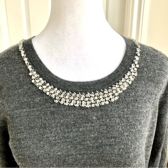 Cynthia Rowley Sweater Merino Wool Gray with Rhinestone Neckline (M) - Picture 2 of 7